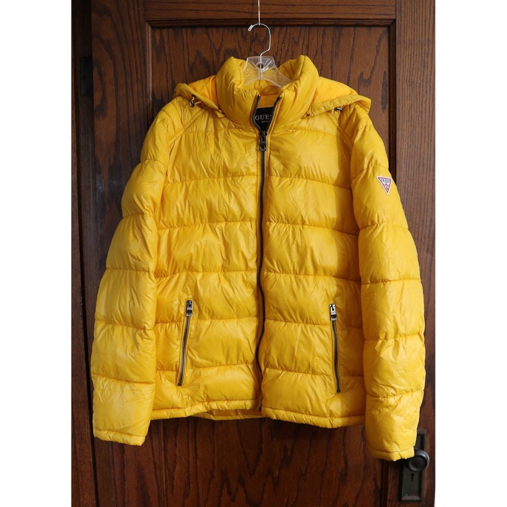 GUESS Puffer Jacket Coat Mens XL Yellow Hooded Quilted Full Zip Logo 119RN716